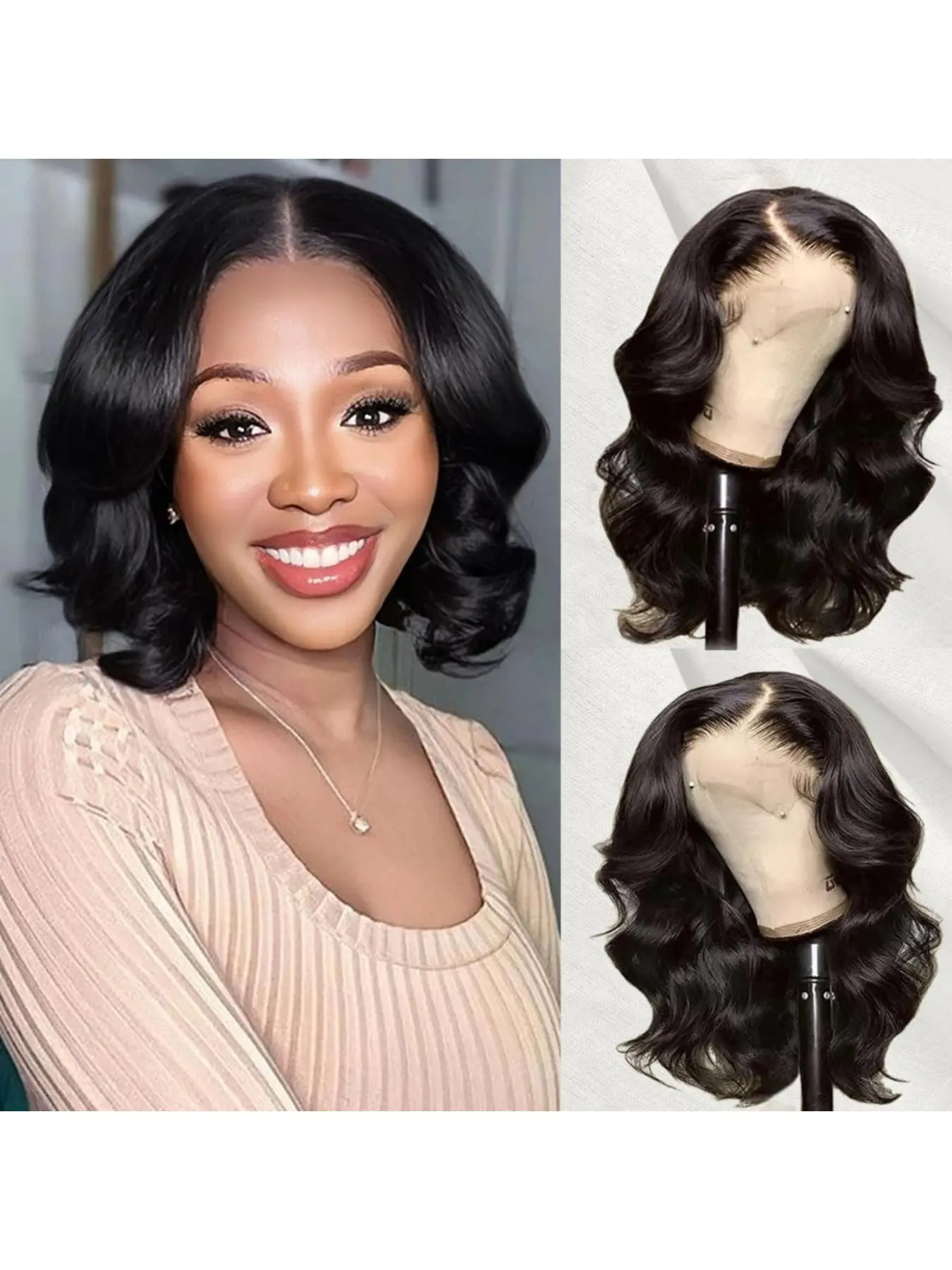 Short Body Wave Human Hair Wig 10 Inch Glueless Lace Front Short Wavy Bob Lace Front Human Hair Wig - 12 Inch Natural  main image 3