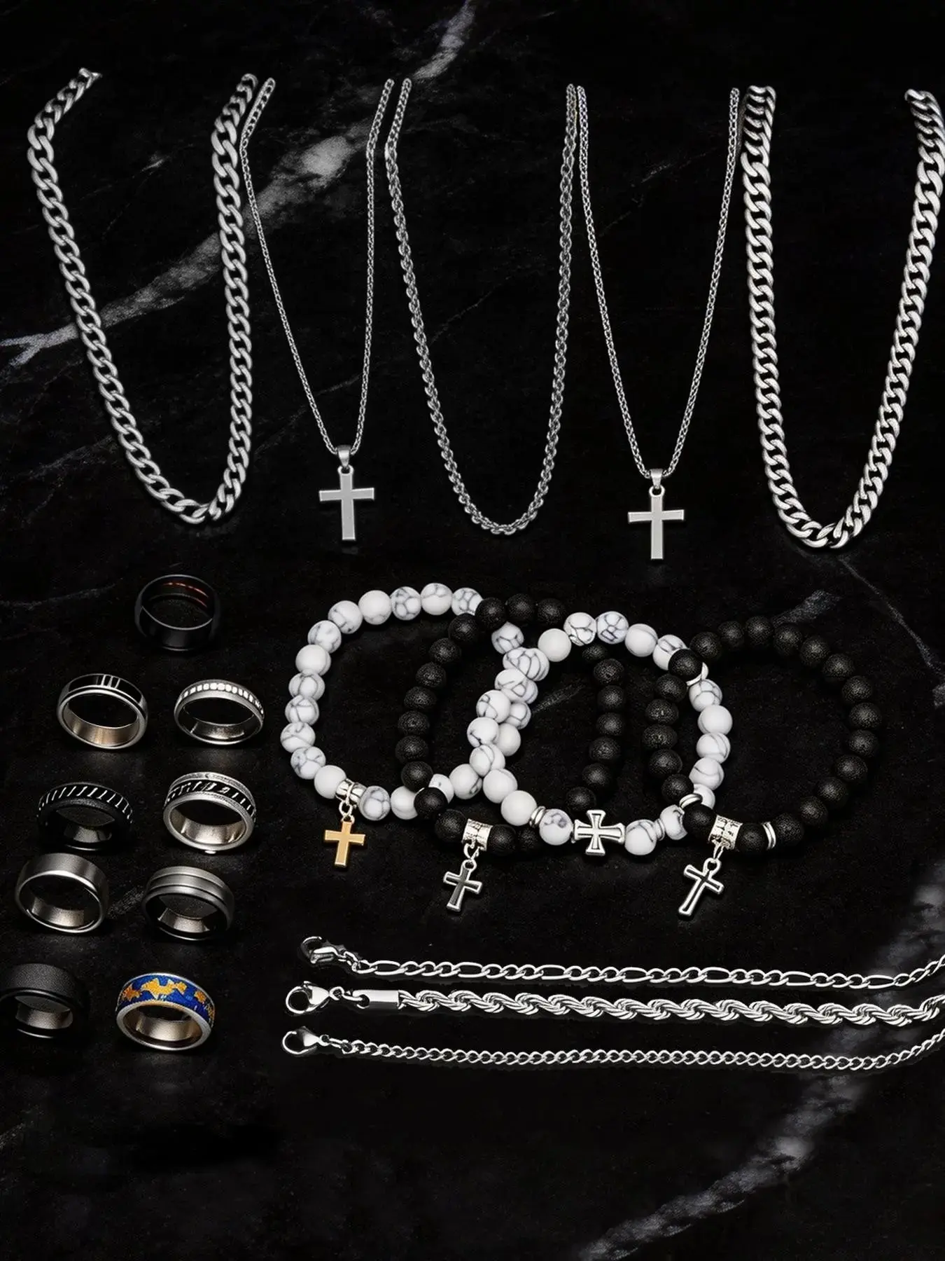 21-Piece Stainless Steel Jewelry Set for Men, Casual Punk Cross Pendant Necklace, Cuban Chain Set, Chain Bracelet, Ring Set, Perfect Gift for Dates, Trendy Jewelry Set