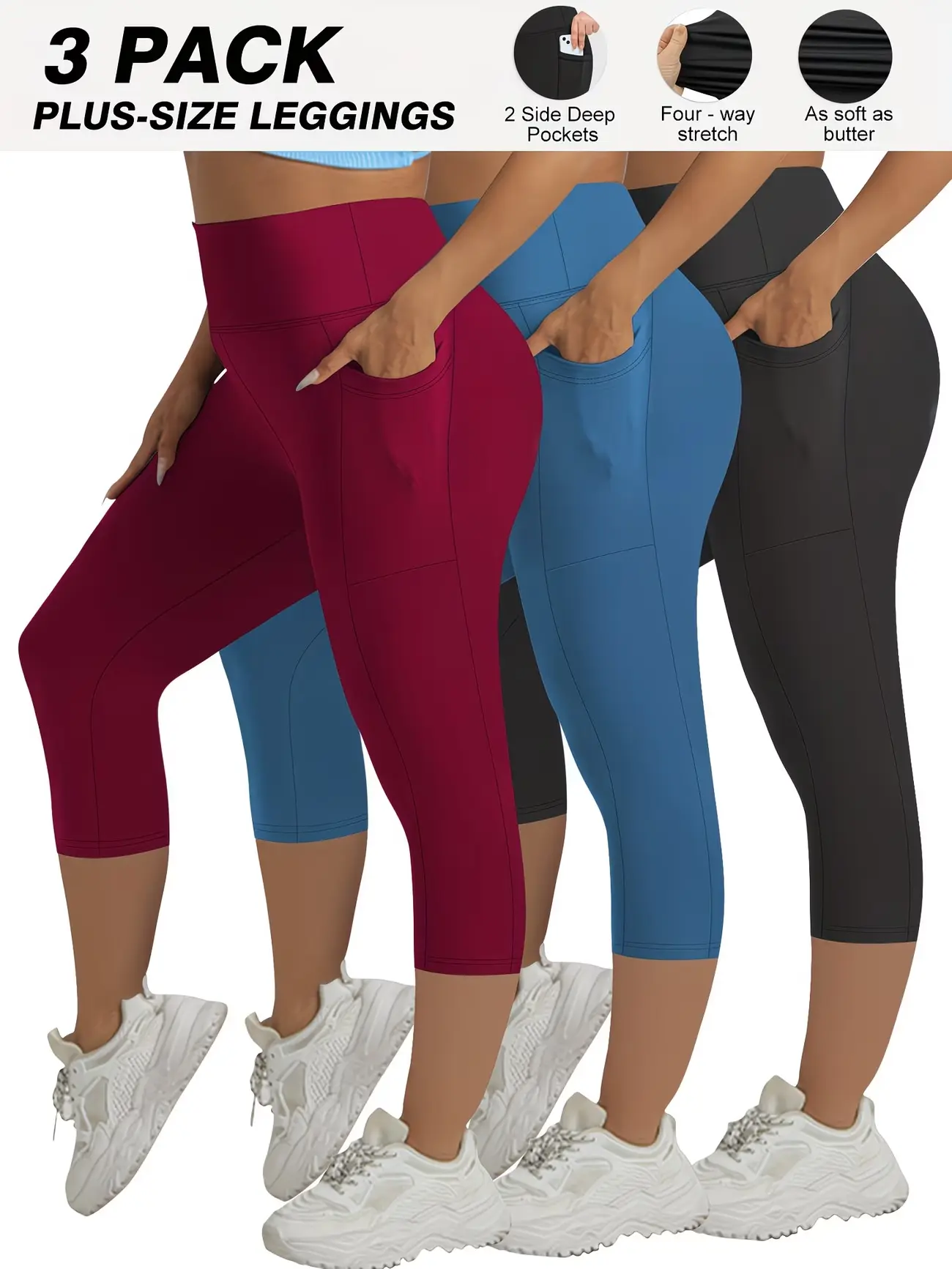 3 Pack Black Leggings Women with Pockets High Waisted Capri Leggings for Women Soft Slim Yoga Pants for Running Cycling Workout Athletic Leggings for Women