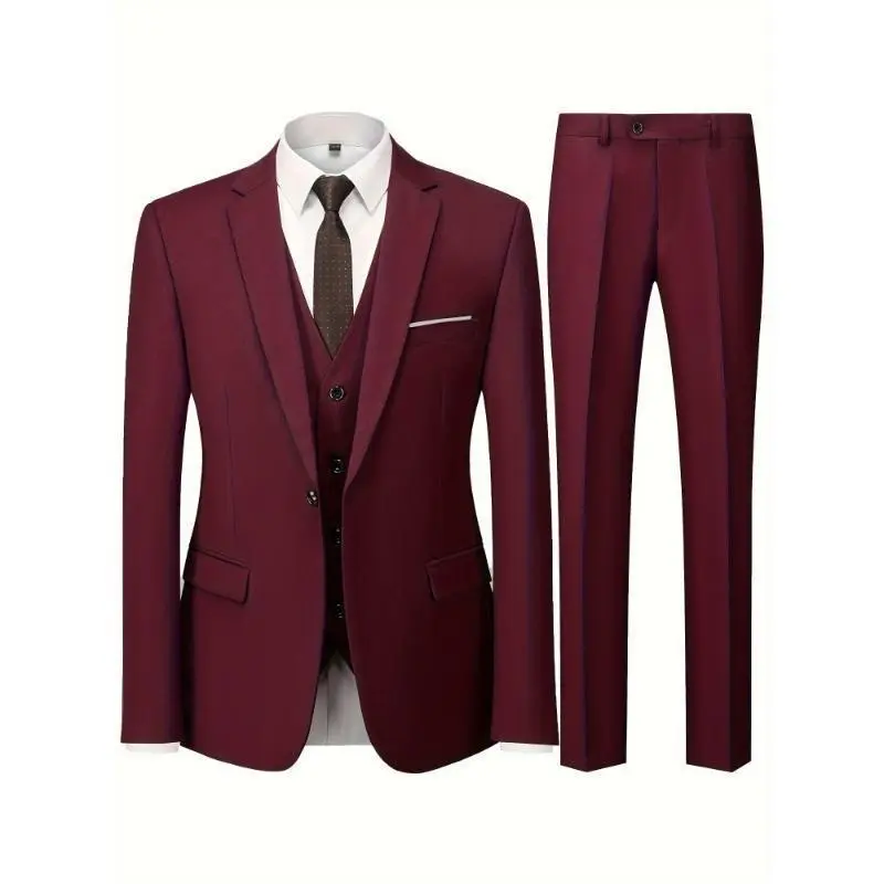 Men's 3-Piece Slim Fit Workwear Formal Wear Suit Set - Notch Lapel Blazer, Single Breasted Vest, Medium Length Plain Long Sleeve Shirt, Matching Pants, Buttons, Black Tuxedo, Viscose Polyester Blend Menswear Beige