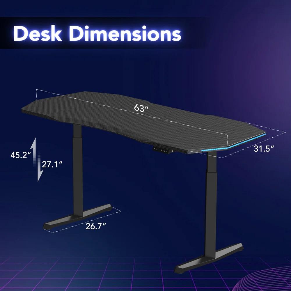 RGB Electric Height Adjustable Standing Gaming Desk, 63"×31.5" Large Ergonomic Curved Desktop, Dual-Motor Lift 27"–46" (≤50 dB), Sturdy 220 kg Steel Frame, for Home Office & Gaming (Ships in 2 Packages)