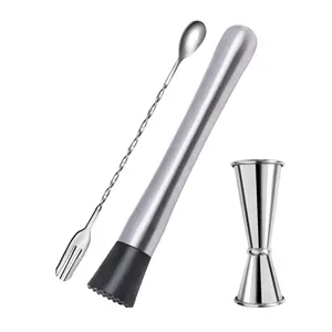 3Pcs Muddler for Cocktails Set, 10'' Muddler, 12'' Cocktail Spoon & 1 OZ/2 OZ Double Jigger Mixing Tool Set, Stainless Steel Silver Bar Tool Set for Beverages Drinks Mixing Home Bar - Home Improvement.