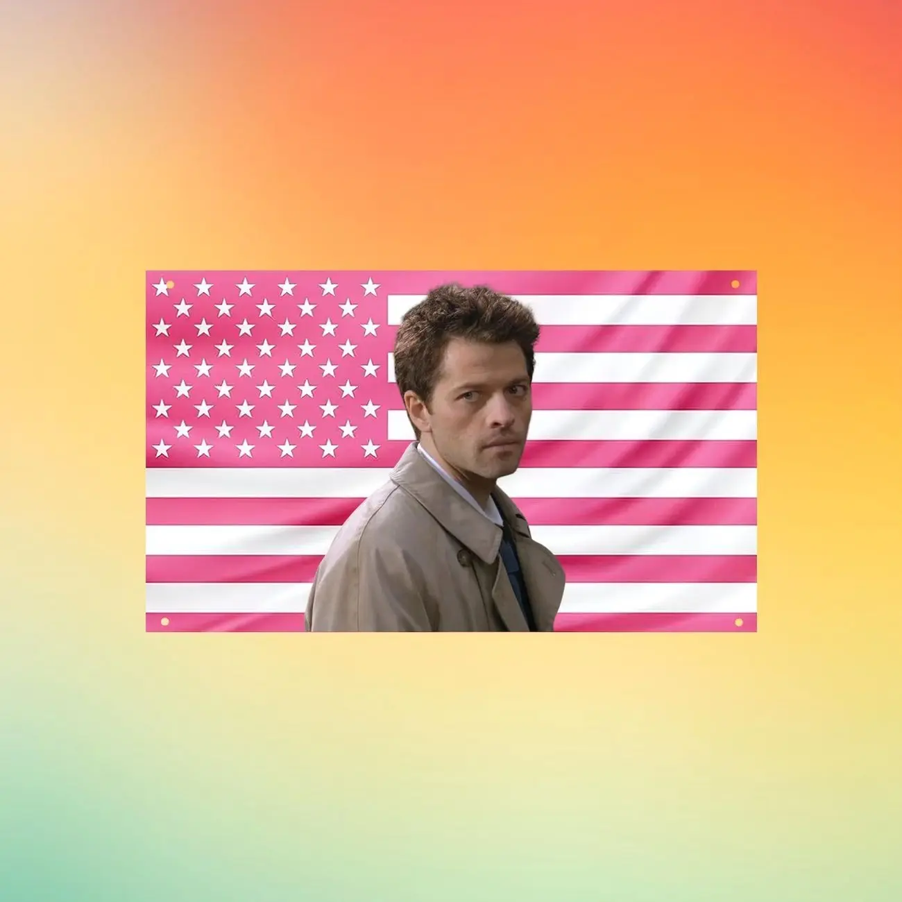 Castiel Pink US Flag Wall Tapestry | Misha Collins Supernatural Flag | Angel Room Decor | Aesthetic Dorm Room SPN Fan Gift