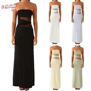 Women's Summer Long Tube Dress Sheer Lace Patchwork Sleeveless Strapless Backless Bodycon Ankle Length Dress