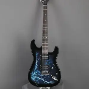 Ktaxon ST-E Blue Flash Dual - Dual pickup Tech Wood fingerboard ST Electric Guitar Lightning Decal - Black back