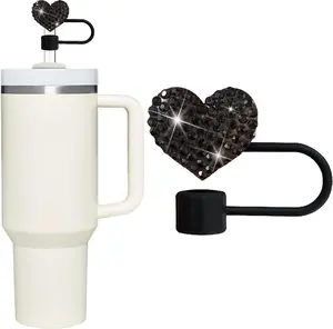 Bling Hearts Straw Covers Cap for  Cup, Bling  Rhinestone, 10mm  Toppers, Straw Topper Compatible for  30&40 Oz Tumbler with Handle,  Straws (Black)