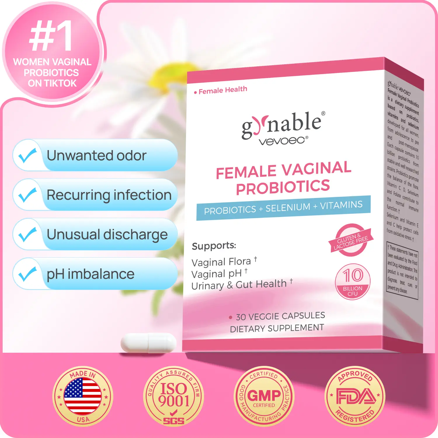Gynable Female Probiotics,Women's Probiotics for HPV, BV, UTIS,Yeast Infection, pH Balance, Odor- All in One Solution with Lactobacillus & Selenium,VitaminC, D,Folate Probiotic Blend supplement, Gluten-Free, Vegan, 30 Count 1 Month,TikTokShopBlackFriday