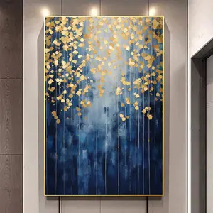 Blue and Gold Abstract Wall Art Modern Abstract Painting Dark Blue Abstract Picture Gold Foil and Blue Textured Wall Art Blue Gold Gray Pictures Gold Foil Artwork Living Room No Frame