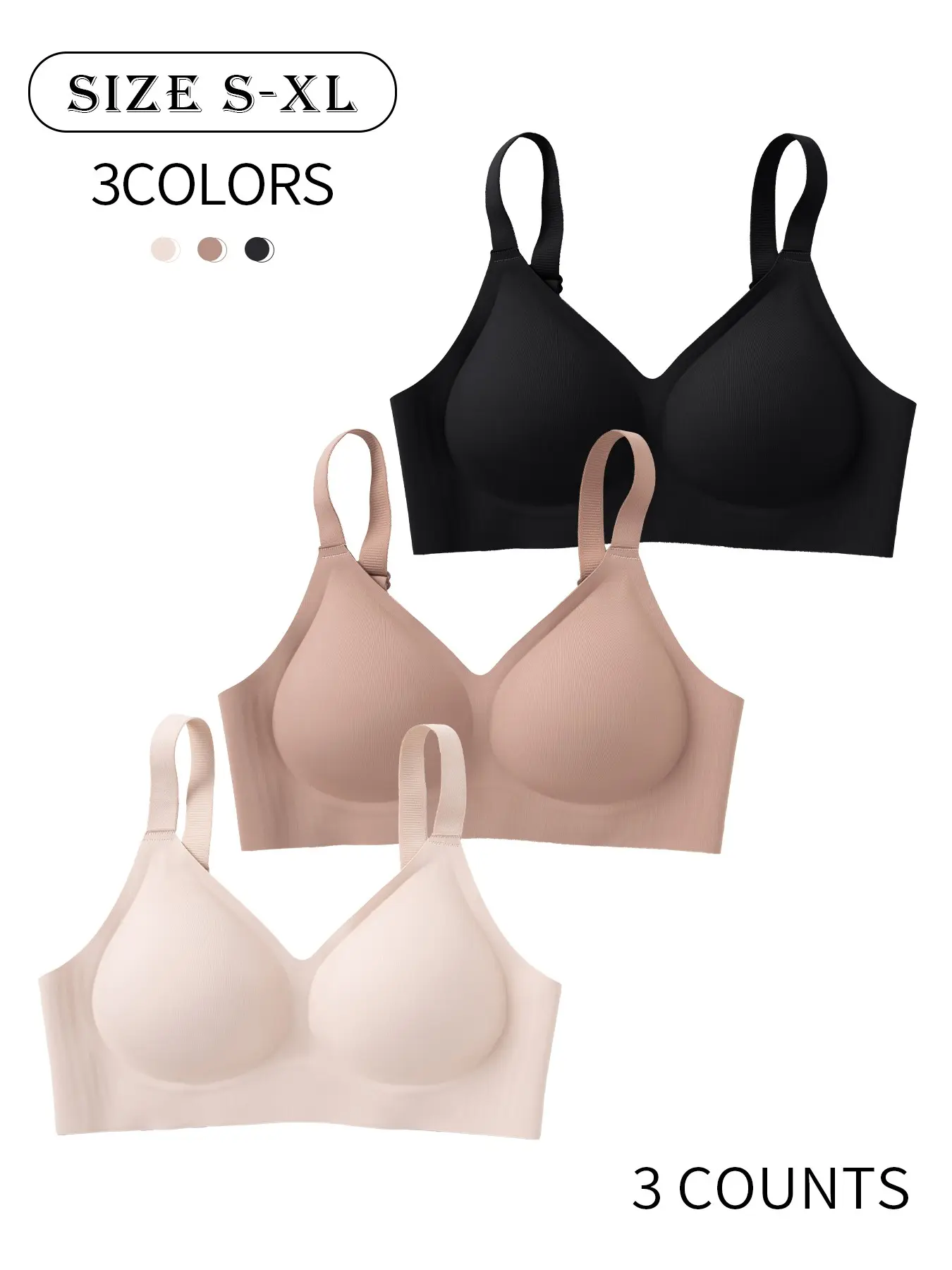 3 Pack/ Solid color seamless jelly women's basic bra with hook-and-eye adjustable straps, wire-free support and gathering, No underwire, Non wired bra, sporty back, comfortable and breathable, suitable for daily casual wear