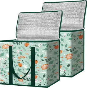 2 Pack Insulated Reusable Grocery Bags – Large Collapsible Cooler Tote (16" x 9" x 13"), Heavy Duty Thermal Bags for Groceries & Food Delivery (Spring Stroll)