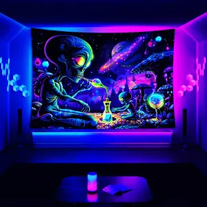 [UV Reactive Cosmic Alien Tapestry] Cosmic Alien Neon Tapestry - UV Reactive, Black Light Glow Wall Hanging for Bedroom, Living Room, Dorm Decor - No Power Needed, Polyester