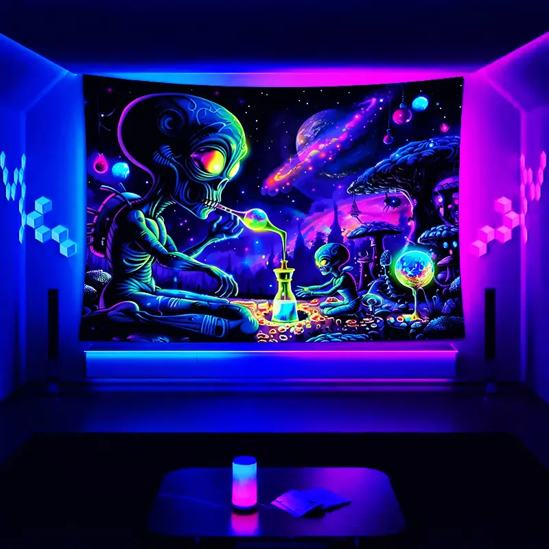 UV Reactive Cosmic Alien Neon Tapestry - Black Light Glow Wall Hanging, No Power Needed Polyester Room Art for Bedroom, Indoors Home Decor
