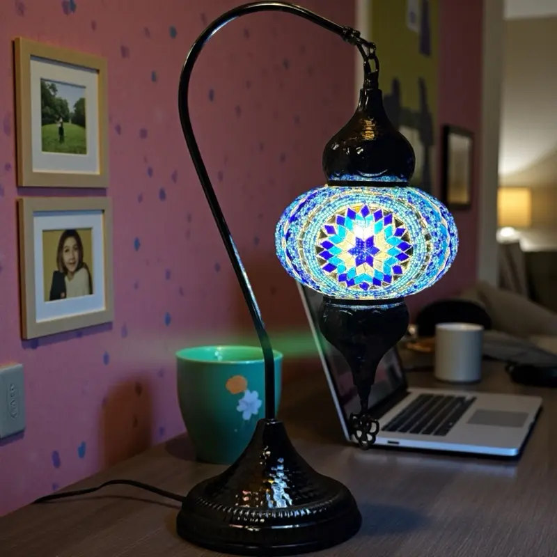 Turkish Handmade Swan Mosaic Lamp- Blue Nickel Plated with Blue Star Mosaic Glasss