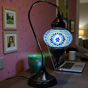 Turkish Handmade Swan Mosaic Lamp- Blue Nickel Plated with Blue Star Mosaic Glasss