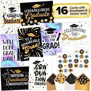 Decorably 16-Pack 5x7in Sturdy Cardstock Graduation Cards with Envelopes & Stickers - 8 Festive Designs (Foiled, Glittery, Holographic), Heartfelt Printed Messages, Mix-and-Match for High School Gifting & Mailing, Personalized Touch