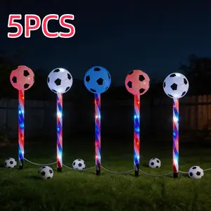 5-piece solar-powered ground-mounted football lights with a mix of red, white and blue LED lights. Football-themed landscape lights. Perfect for lawns, paths, parties and festive lighting decorations, and an ideal choice for football fans.