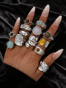 13-Piece Tiger Eye Colorful Gemstone Ring Set, Boho Style Geometric Pattern, Wide Band Statement Rings, Stackable Finger Rings, Party Birthday Gift Jewelry