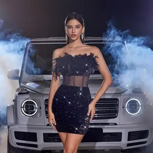 Autumn Winter Sexy Hot Girl Dress Velvet Sequin Feather Banquet Bodycon Strapless Gown