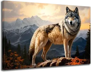 Wolf Wall Art Canvas Wolf in the Mountains Wildlife Landscape Forest Rocky Poster Artwork Framed Modern Home Office Bathroom Living Room Decor Decoration Artistic