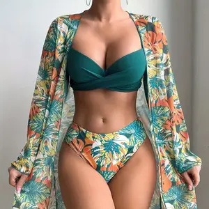 3 Piece  Set for Women with Tropical  Cover Up Push Up Bathing Suit High Waisted Two Piece Swimsuit Summer Vacation Essentials 2026 Swimwear Vacation Ready Outfits women's