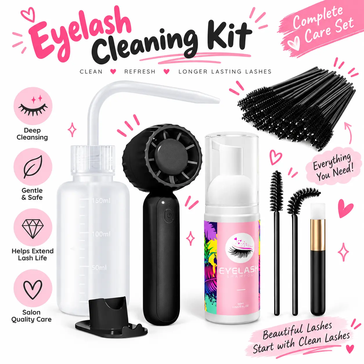 Halloween Gift Lash Cleaning Kit, Eyelash Extension Cleanser, 60ML Lash Shampoo with Rechargeable Handheld Lash Fan Dryer, Mascara Brush Rinse Bottle, Makeup Cleansing Foam for Lash Care, Makeup Remover