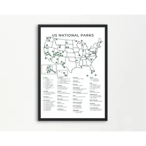 US National Parks Checklist Printable | 63 National Parks Poster | National Park Map | | Wall Decor