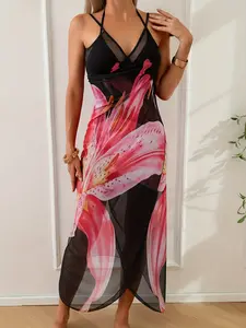 Women's Pink Ombre Butterfly Print Sheer Mesh Maxi Cover Up Dress, Spaghetti Strap Beach Wrap Sarong for Summer Vacation,2 in 1 Blue Butterfly Sheer Cover Up Dress