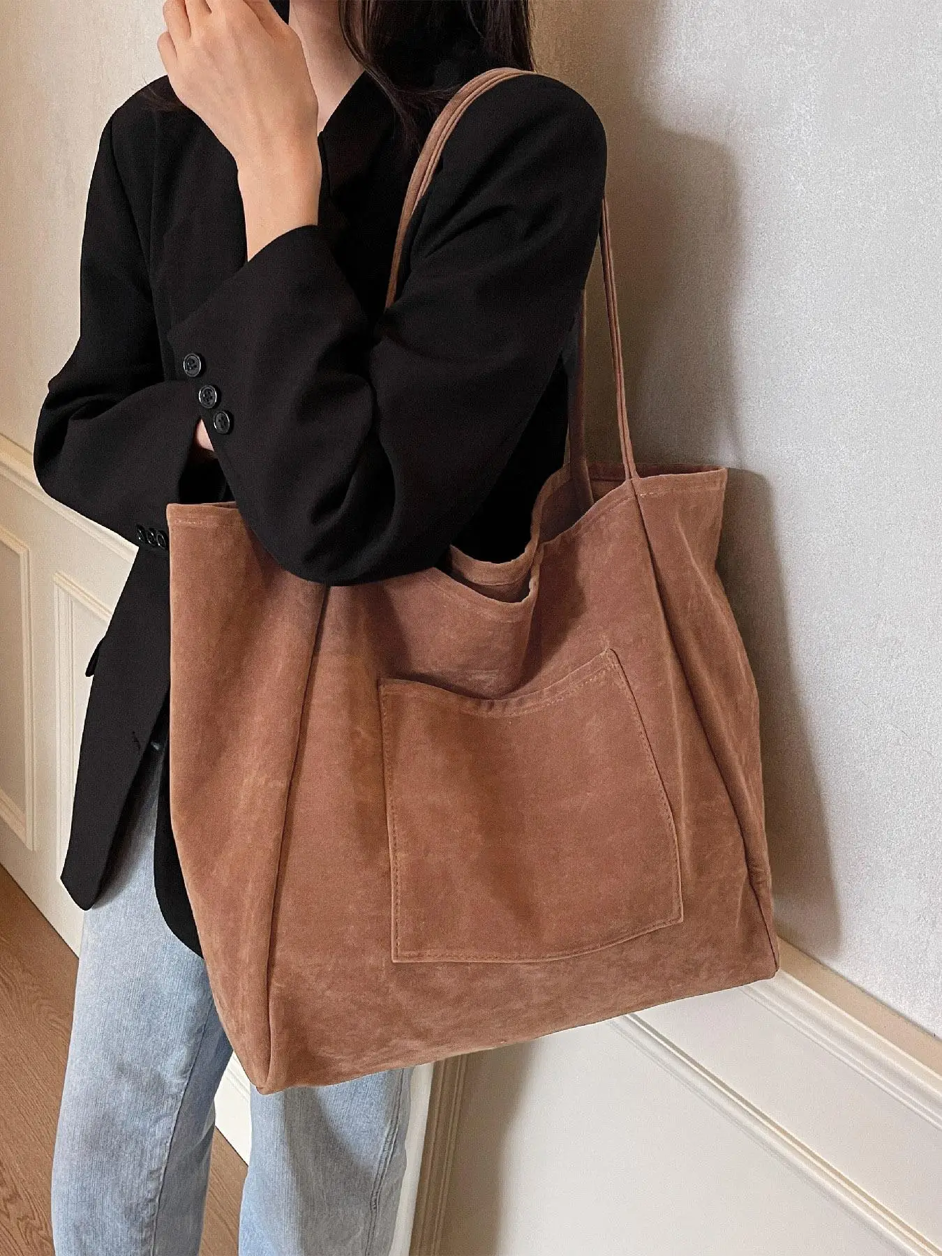 Women's Solid Color Suede Tote Bag, Large Capacity Shoulder Bag for Work & Daily Used, Casual Trendy Versatile High-quality Daily Commuting Bag, Girl