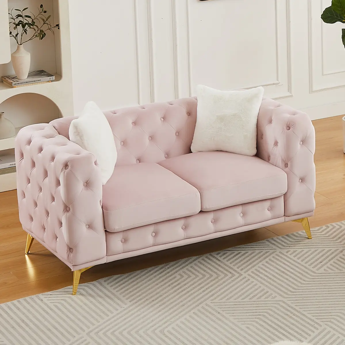 61.25“ Loveseat Sofa, Chesterfield Vintage Mid Century Modern Velvet Fabric Upholstered Button Tufted Deep Seat Sofa Couch with 2 Throw Pillows for Living Room Office Apartment, Pink