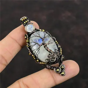 Rainbow Moonstone Copper Mom Gift Wire Wrapped Tree Of Life Pendant 2.76"