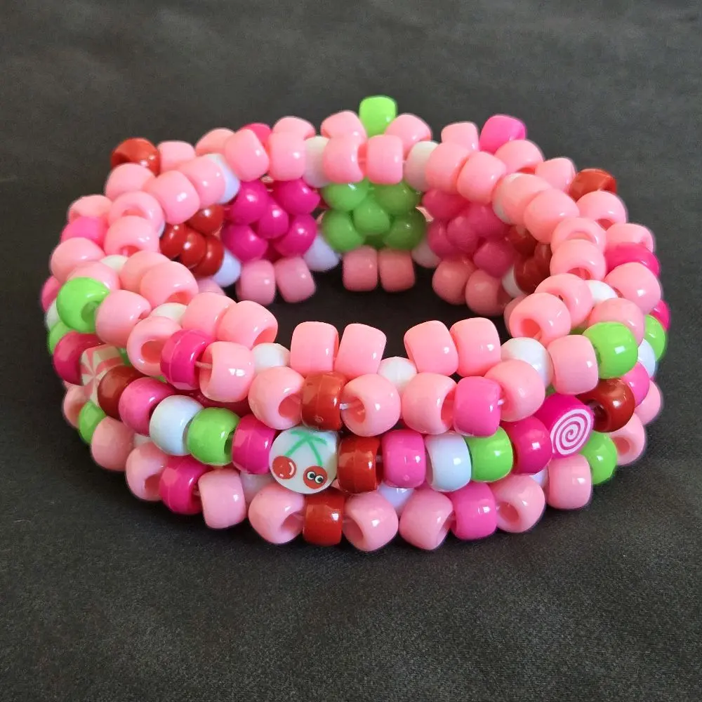 Spinner Cuff Bracelet - Pink Green Cherry Lady bug Beaded Bracelet with Colorful Beads and Decorative Elements lady bug