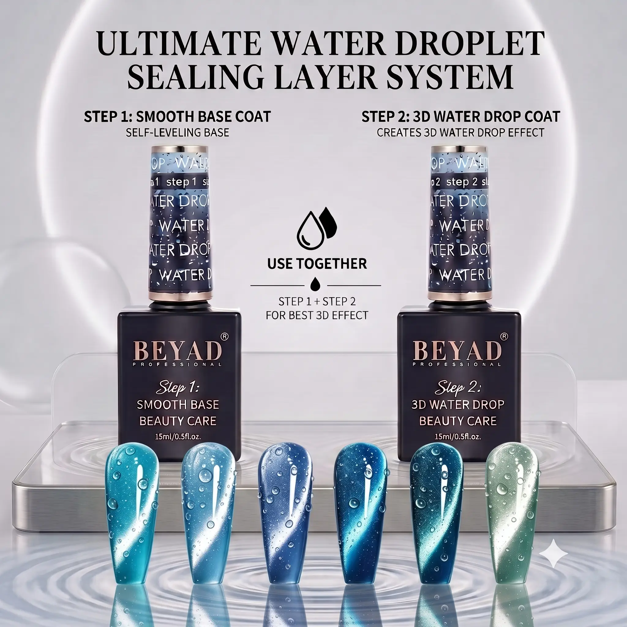 Beyad 3D Water Drop Gel Top Coat Set (2×15ml) – 2-Step Ultimate No Wipe System for High Gloss Dewdrop & DIY Drip Nails, UV/LED Gel