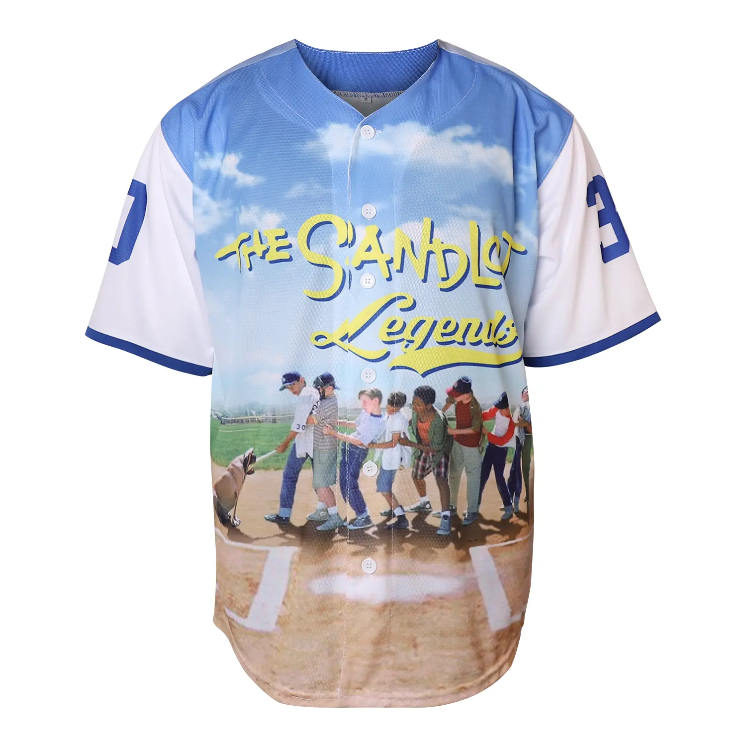 Men's The Sandlot Legends Baseball Jersey, #30 Rodriguez Full Print Blue White Button Down Shirt, Vintage Movie Graphic Baseball Uniform, Soft Breathable Casual Streetwear Athletic Top for Fans Unisex Daily Wear