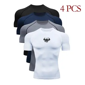 4-pack men’s compression T-shirts featuring a gym logo, raglan sleeves, quick-dry, moisture-wicking, breathable fabric, and a stretchy fit—ideal for fitness, workouts, running, and training.