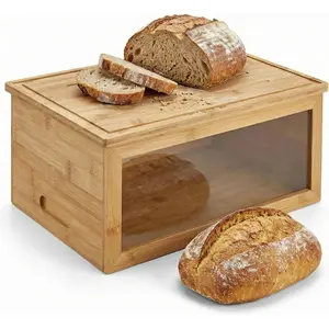 Bamboo Bread Box with Cutting Board Lid – Large Wooden Kitchen Countertop Storage Bin for Loaves and Pastries – Clear Acrylic Window Display – 15.4 x 9.9 Inch