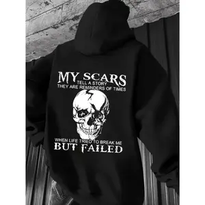 Comfortable Skull Pattern Hoodie - Printed with the words "My Scars Tell a Story," long-sleeved, casual versatile top - Women's drawstring hoodie