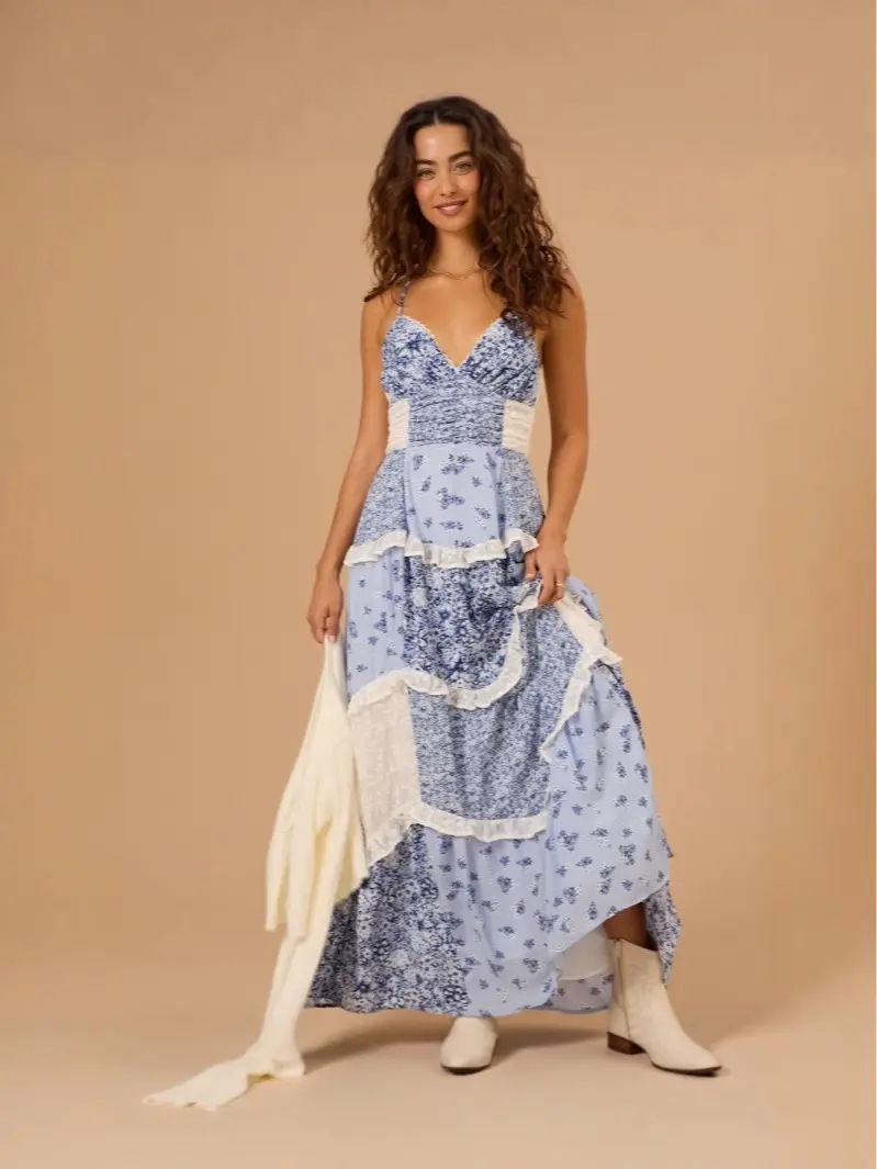 knee length dresses for ladies Blue Zone Planet | Lapel Solid Color Lace Splicing Midi Dress main image 0