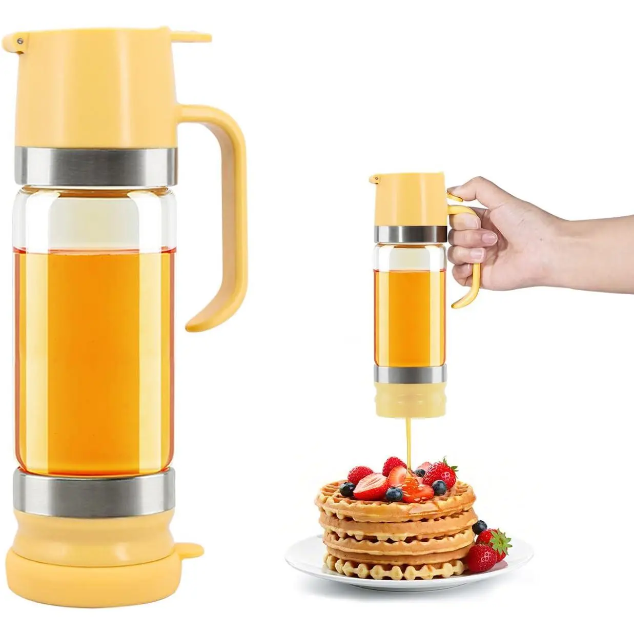Glass Honey Dispenser No-Drip with Handle – 12 oz Maple Syrup Jar Dispenser for Coffee, Pancakes & Waffles – Elegant Glass Syrup Container for Easy Pouring – Honey Jar for Kitchen & Breakfast Table