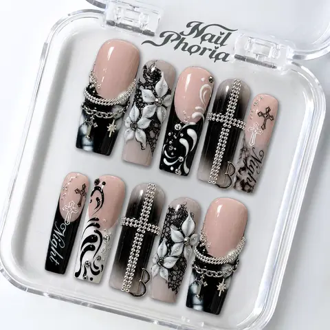 NailPhoria FORGOTTEN BLOOM - Fall Handmade Press-On Nails | Reusable, Salon-Quality, Long-Lasting, Glossy Design - Long Square 33mm