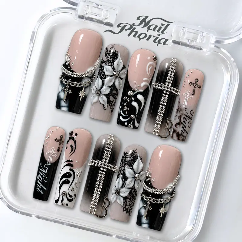 NailPhoria FORGOTTEN BLOOM - Fall Handmade Press-On Nails | Reusable, Salon-Quality, Long-Lasting, Glossy Design - Long Square 33mm