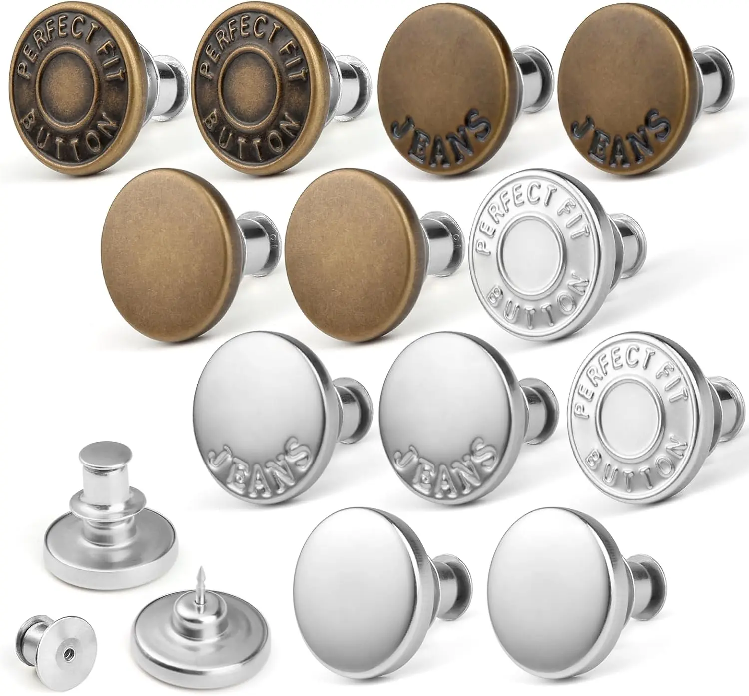 12 Pcs Jean Button Pins for Loose Jeans, No-Sew Nailess Removable Metal Jeans Buttons Replacement, Reusable and Adjustable Clothes Buttons