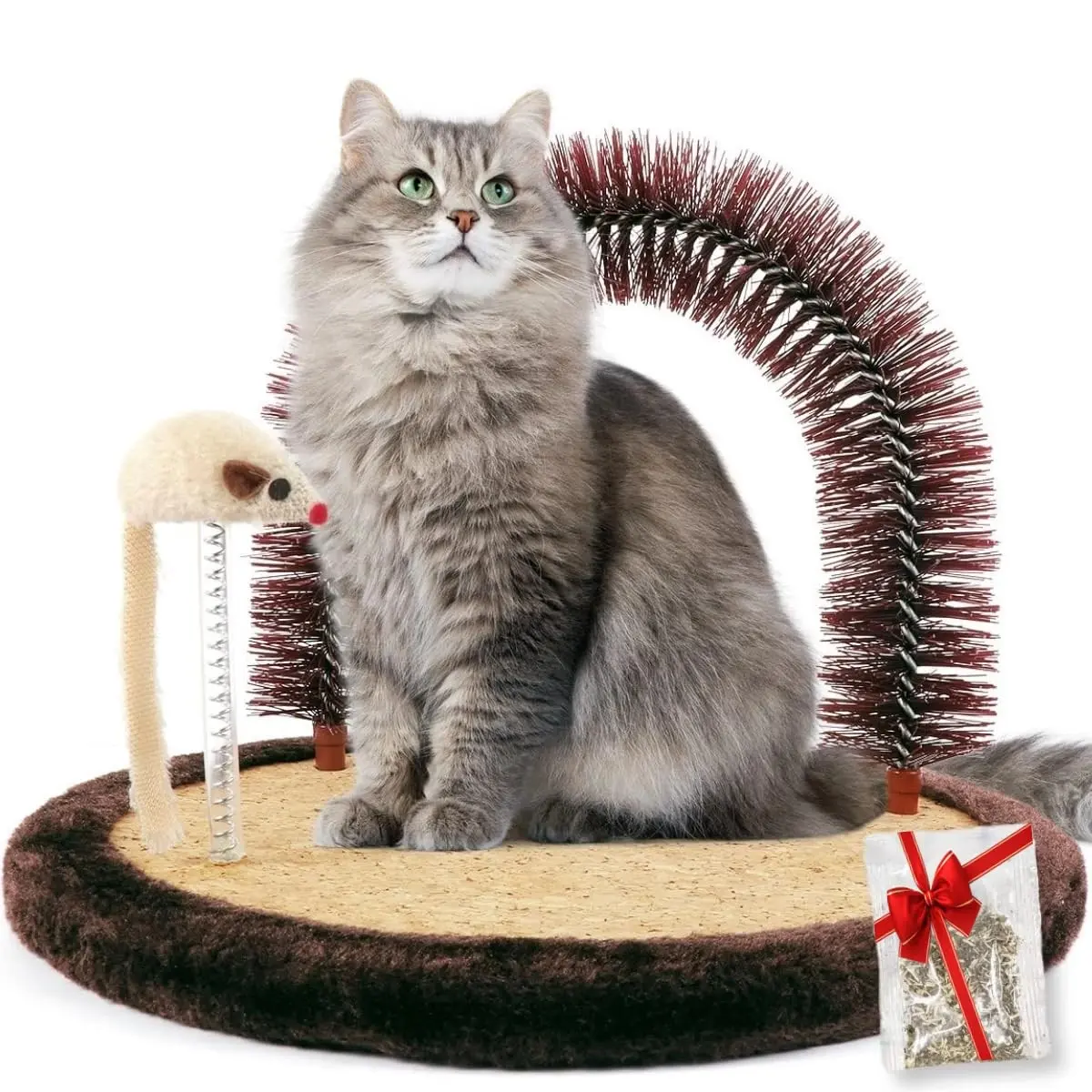 Large Cat Self Groomer, Arch Grooming Brush with Heavy Wooden Scratching Pad, Rubbing Post & Toy, Cat Face Scratchers Body Massager, Cat Scratchers for Indoor Cats, Brown