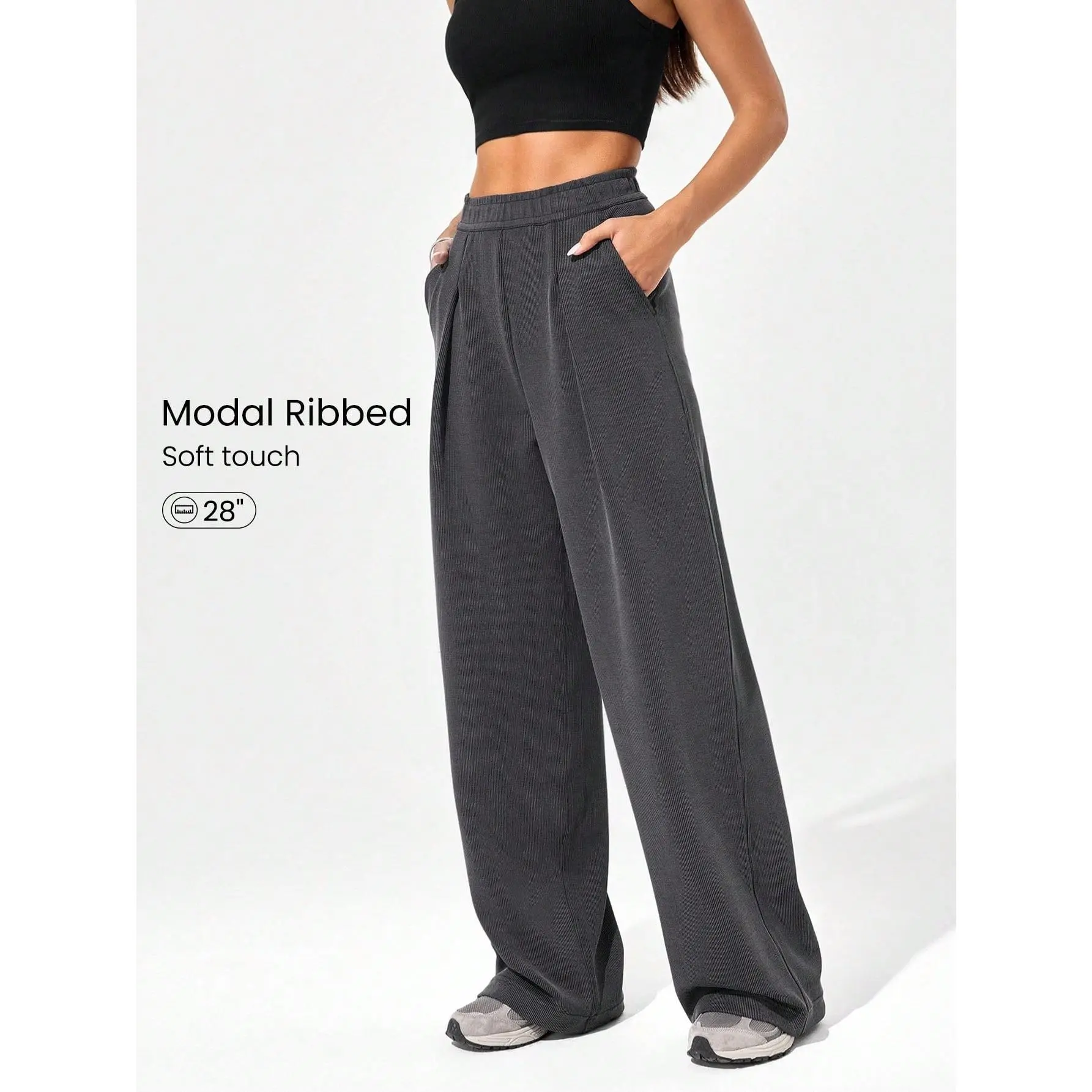 GLOWMODE Modal Ribbed Wide-Leg Built-In Adjustable Drawstring Waist Active Pants With Side Pockets Daily Casual Wear
