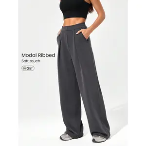 GLOWMODE Modal Ribbed Wide-Leg Built-In Adjustable Drawstring Waist Active Pants With Side Pockets Daily Casual Wear