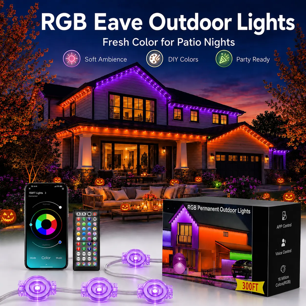 RGB Eave Outdoor Lights, Permanent Smart LED Roofline Lights for House Exterior, App & Remote Control, DIY Custom Modes, Music Sync, IP67 Waterproof Outdoor Lighting for Christmas, Halloween, Thanksgiving, Holiday Parties, Patio & Home Decor