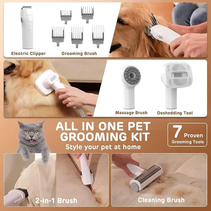 Homeika Dog Grooming Vacuum Kit - 3L Vacuum with 7 Tools, Low Noise Electric Clipper and Brush for Pet Shedding at Home 3