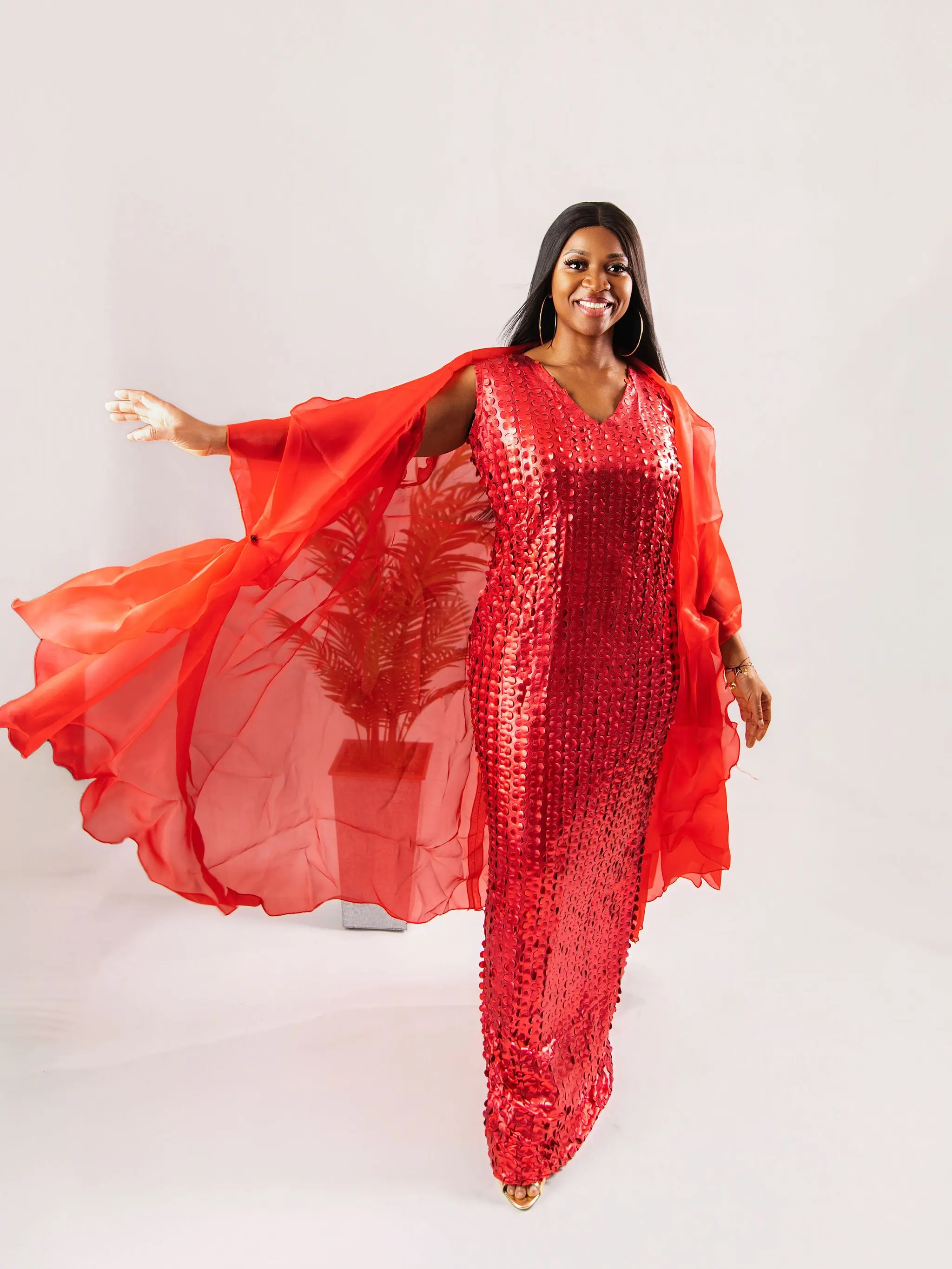 Women's 2-Piece Dress Set | Elegant Red Sequin High Neck Maxi Gown with Lightweight Flowing Sheer Organza Kimono for Galas & Weddings, Sexy, Statement, Full-Length, Flowing Silhouette, Ready-To-Wear, Elegance, Formal, Sequin Fabric, Chic, Celebrates Beaut