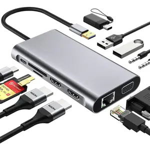 USB Docking Station, 11 IN 1 USB C Dock Triple Display, USB 3.0 Laptop Docking Station with Dual HDMI, VGA, PD, Ethernet, SD/TF, USB 3.0, Mic/Audio, Compatible for MacBook M1