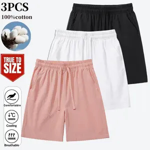 3-pack Men’s cotton-linen shorts, casual style, elastic drawstring waistband, summer beach vacation shorts with pockets Breathable