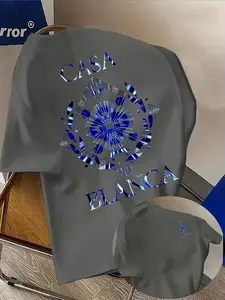 Men's Casual Patterned T-Shirt, Casablanca Print Round Neck Short Sleeve, Street Fashion Soft Fabric Polyester, Trendy Clothing